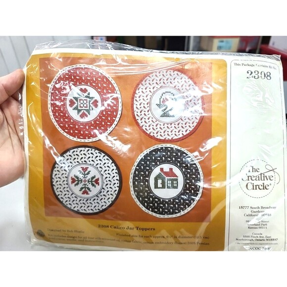 VTG NEW Creative Circle #2308 Calico Jar Toppers - Stamped Cross Stitch Kit - Picture 1 of 8